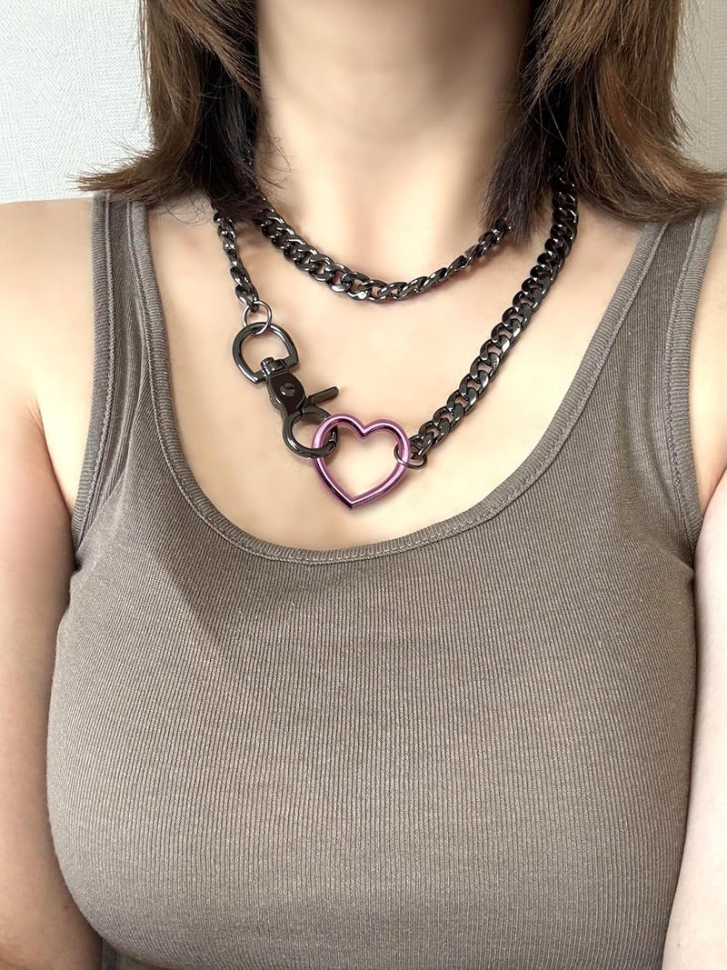 paloli Women's Slip Chain Rainbow Heart O-Ring Chunky Chain Necklace, Rays Cuban Long Layered Jewelry, Adjustable Lariat Y-Necklace Heart Loop Choker - Image 3